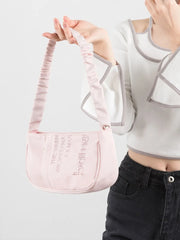 Pink Half Moon Nylon Shoulder Bag with Embroidery Tote Handbag