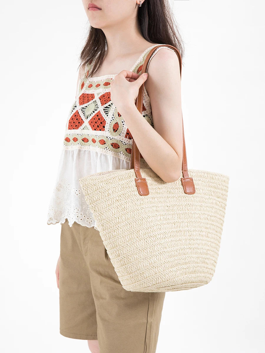 Summer Straw Beach Bag Solid Casual Shopper Handbag Large Capacity