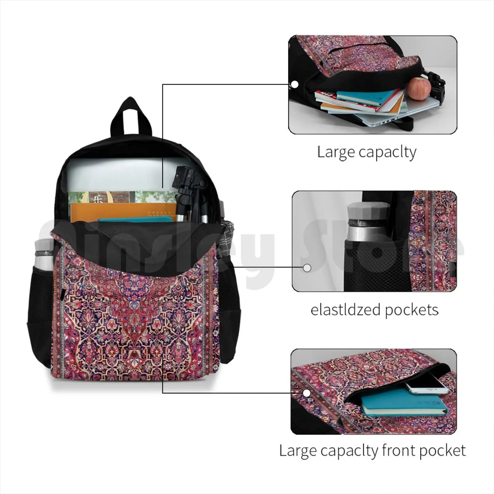 Kashan Central Persian Silk Rug Print Outdoor Hiking Backpack