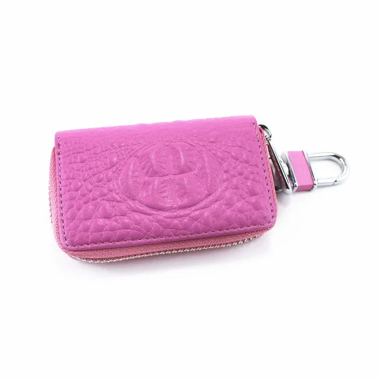 Vintage Leather Wallet Keyring Copper Zipper Key Holder Crocodile Grain