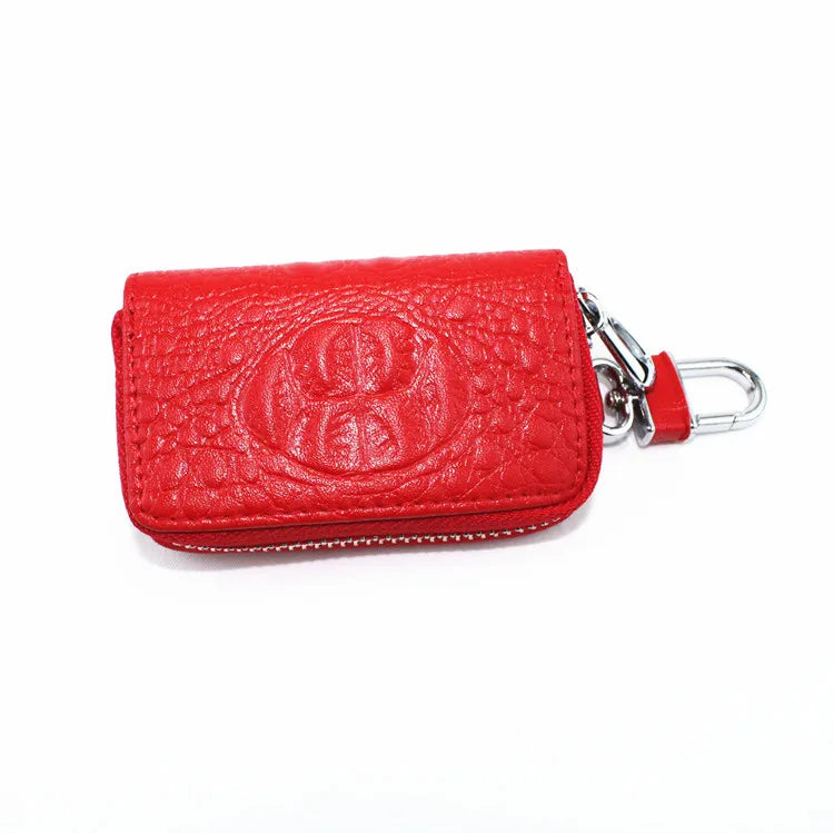 Vintage Leather Wallet Keyring Copper Zipper Key Holder Crocodile Grain