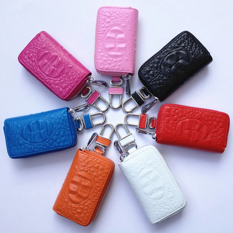 Vintage Leather Wallet Keyring Copper Zipper Key Holder Crocodile Grain