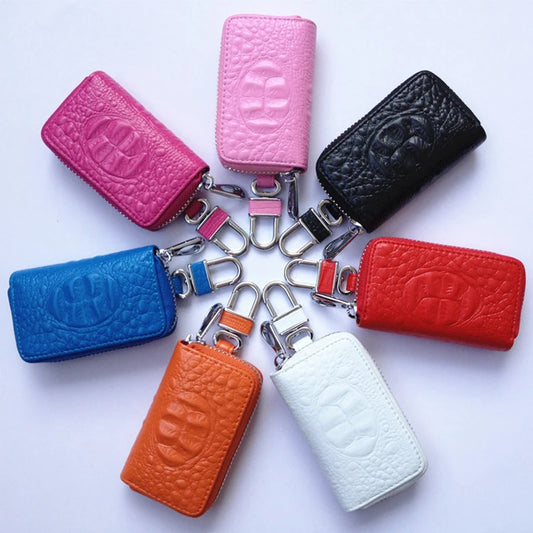 Vintage Leather Wallet Keyring Copper Zipper Key Holder Crocodile Grain