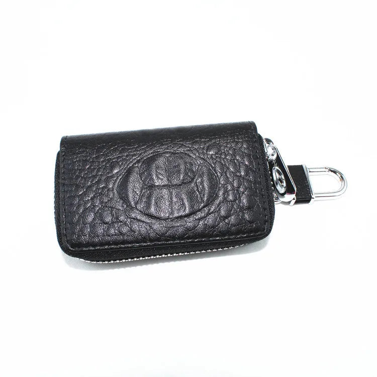 Vintage Leather Wallet Keyring Copper Zipper Key Holder Crocodile Grain