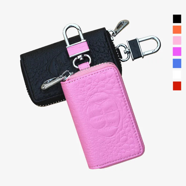 Vintage Leather Wallet Keyring Copper Zipper Key Holder Crocodile Grain