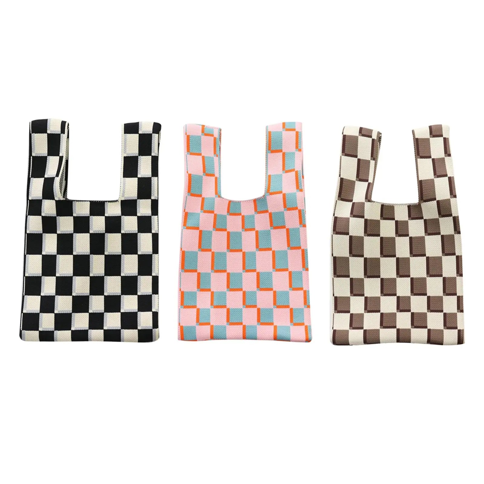 Checkerboard Women Handbag Tote Large Capacity Soft Woven Casual Pouch