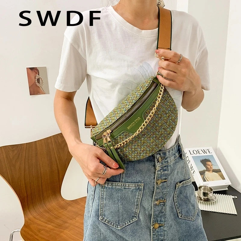 Women's Knitted Waist Packs Weaving Fanny Packs Female Waist Bags