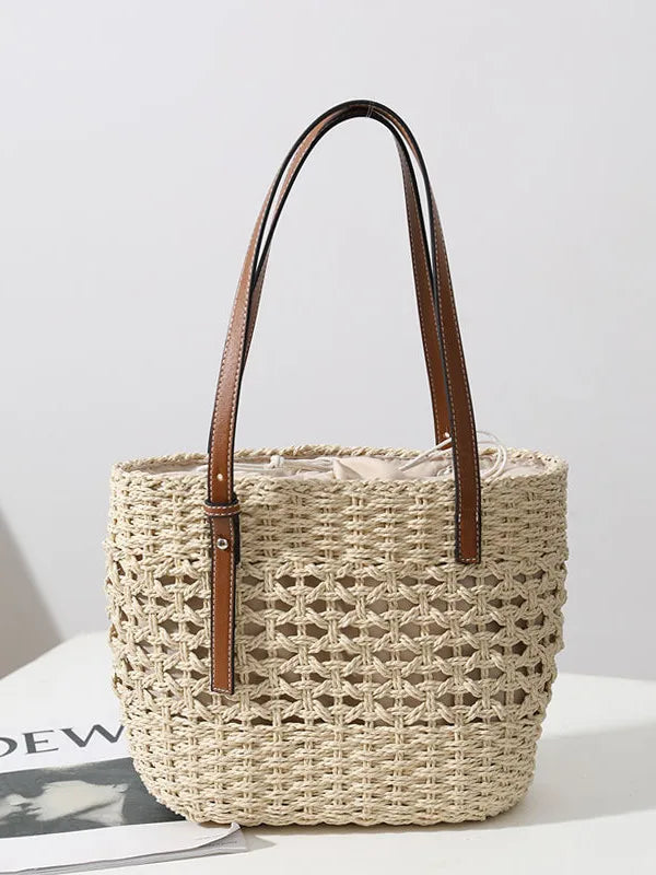 Large Capacity Straw Shoulder Bag for Women, Top Handle Beach Handbag Tote