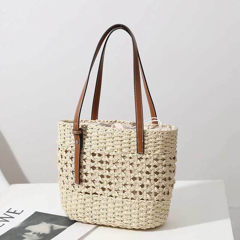 Large Capacity Straw Shoulder Bag for Women, Top Handle Beach Handbag Tote