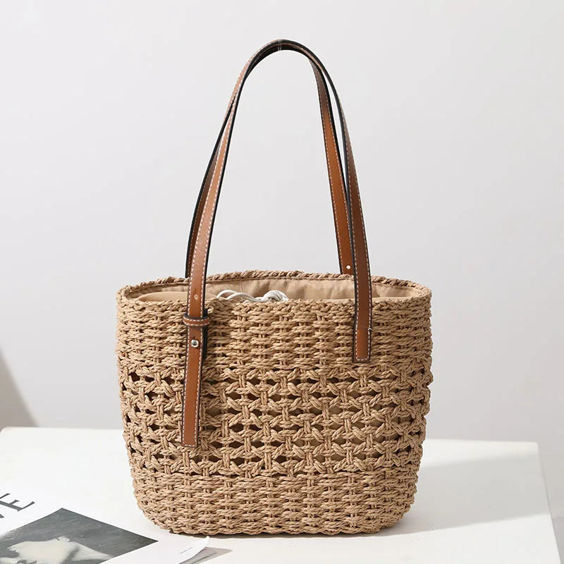 Large Capacity Straw Shoulder Bag for Women, Top Handle Beach Handbag Tote