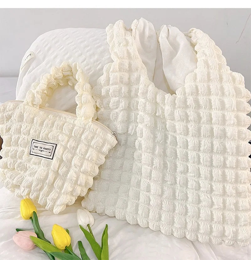 Korea Bubble Shoulder Bag Girl's Heart Pleated Clouds Handbag