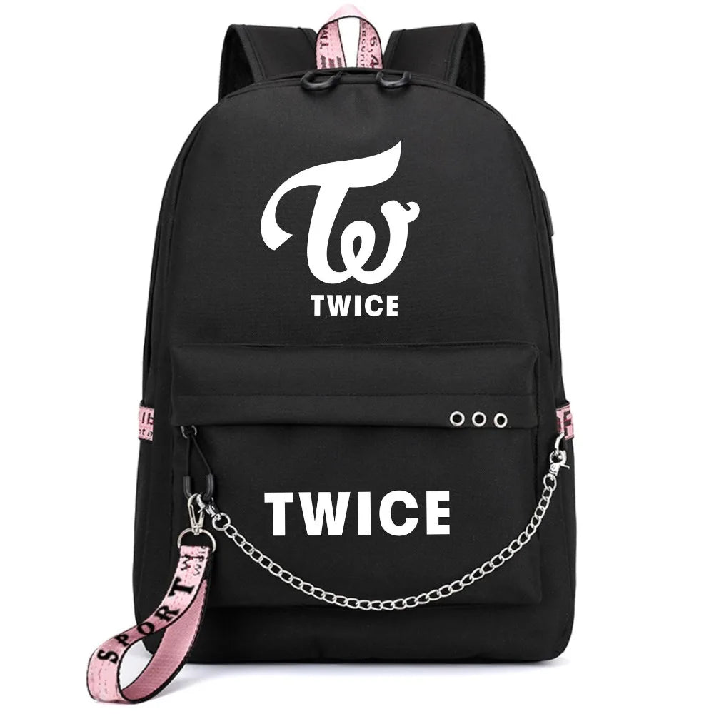 TWICE Printing Backpack Women Canvas Mochila Feminina USB Charging