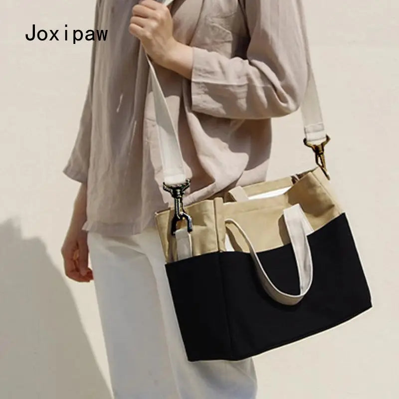 Canvas Shoulder Bag for Women Solid Patchwork Tote Handbag