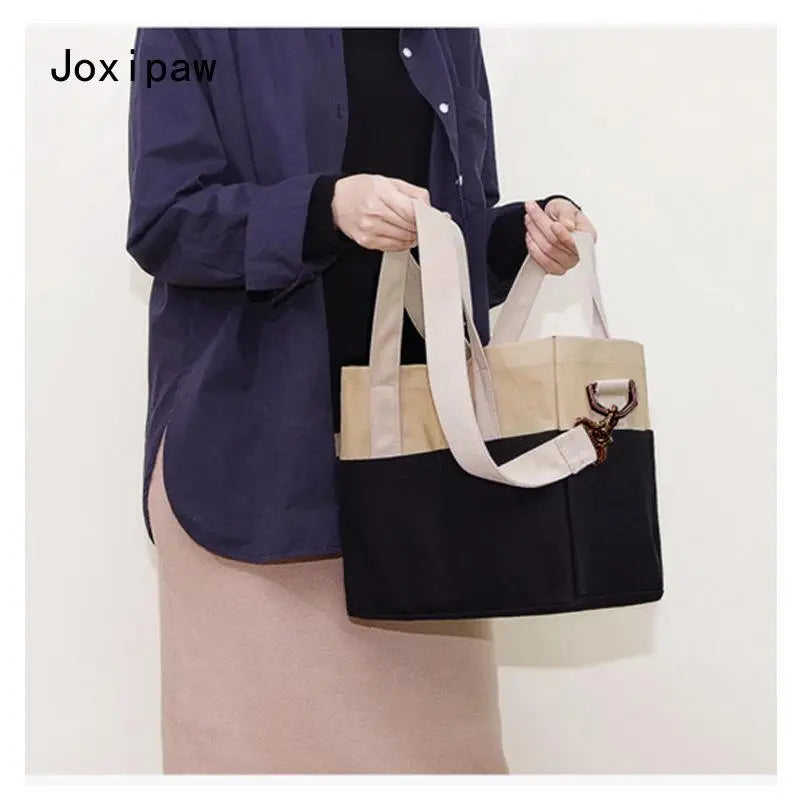 Canvas Shoulder Bag for Women Solid Patchwork Tote Handbag