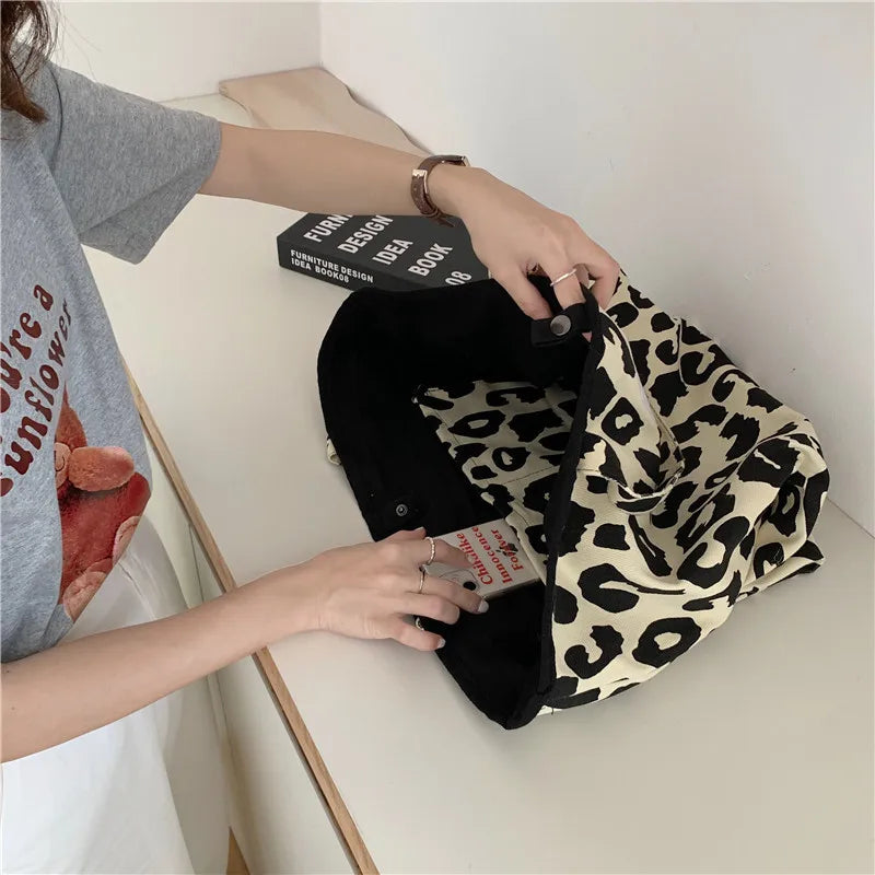 Leopard Print Casual Tote Bag Canvas Shoulder Shopping Bag