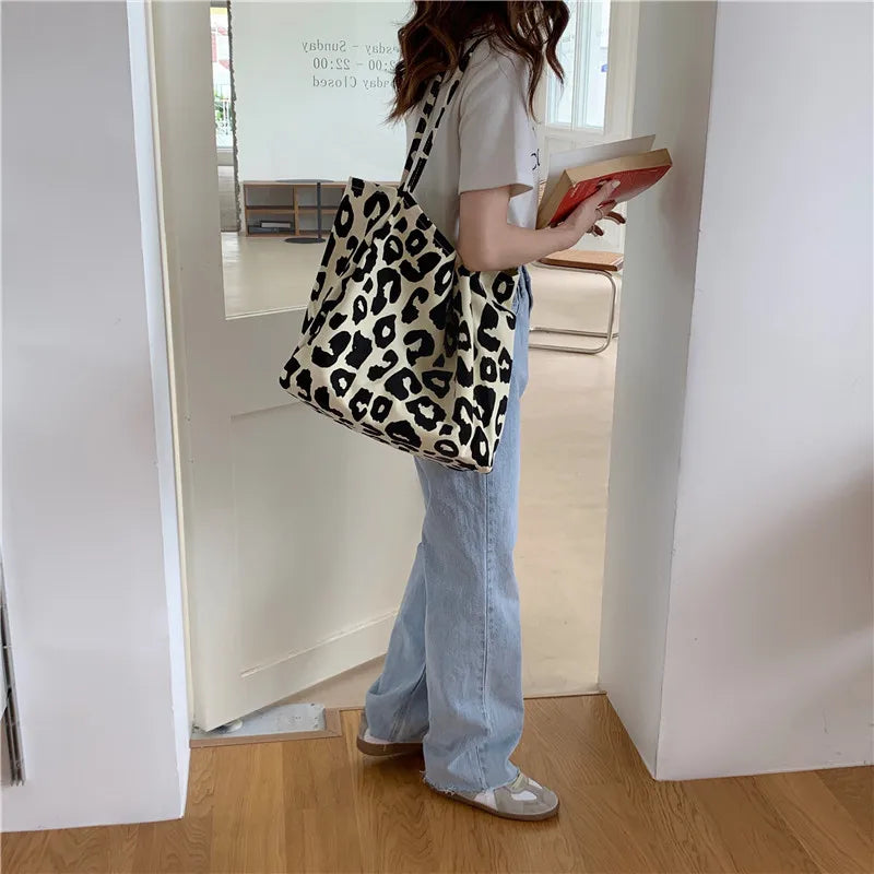 Leopard Print Casual Tote Bag Canvas Shoulder Shopping Bag