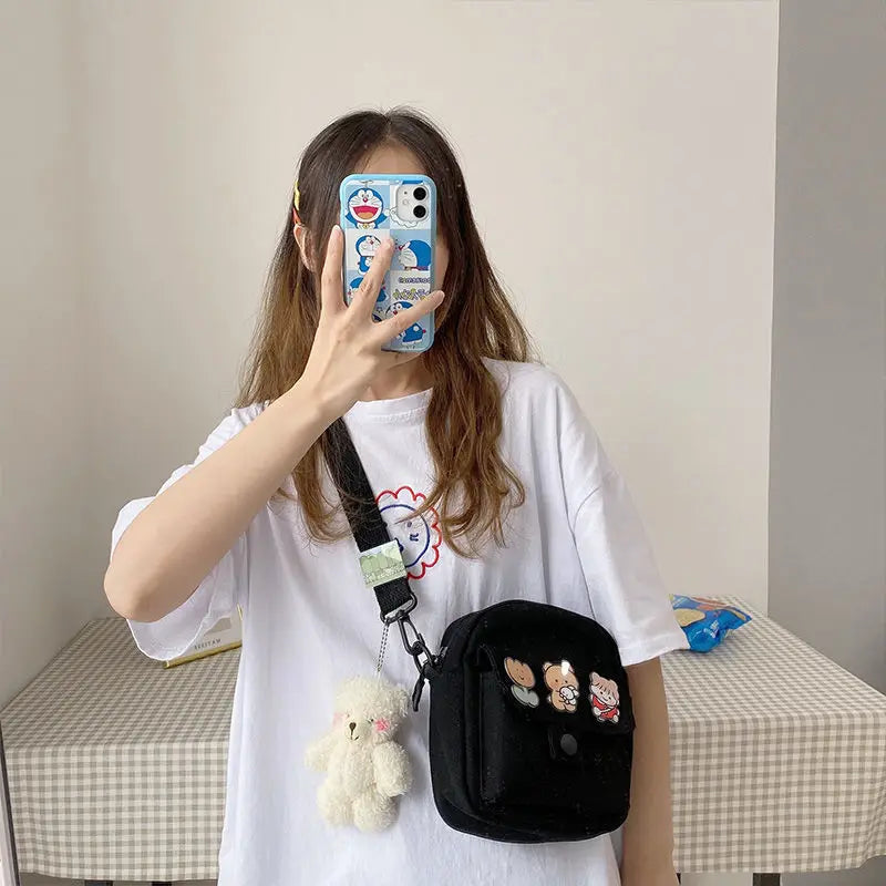 Youth Girls Canvas Crossbody Bag Harajuku Cartoon Shoulder Bag