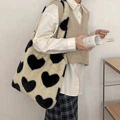 Heart Shoulder Bag Large Capacity Winter Warm Fluffy Totes Vintage Haraju