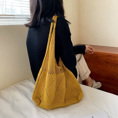 Knitted Retro Crochet Handbag Yellow Top-handle Tote Bag