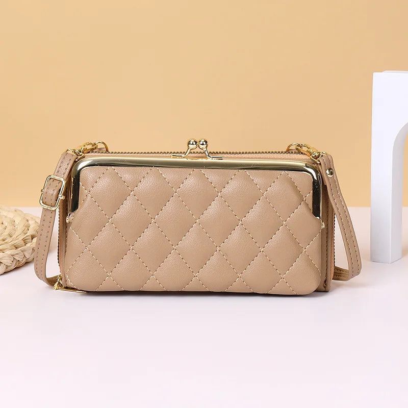 Plaid Leather Women's Wallet with Strap Zipper Clutch Bag