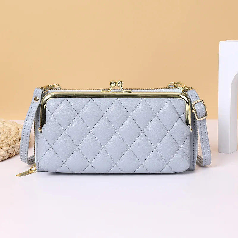Plaid Leather Women's Wallet with Strap Zipper Clutch Bag