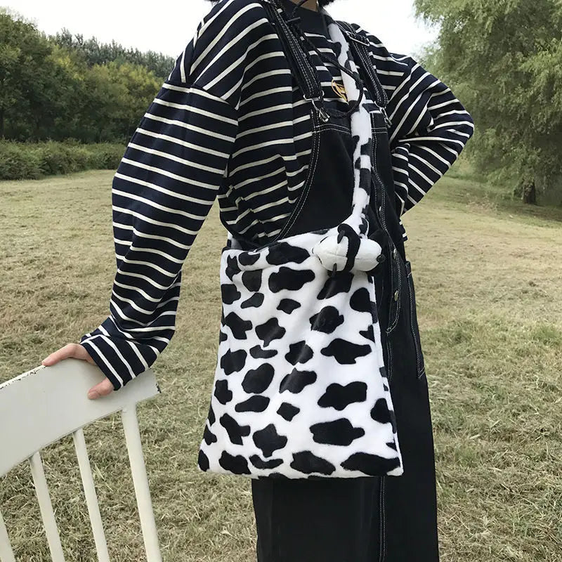 Ins Plush Cow-printed Shoulder Bags Women Large Capacity Travel Crossbody Totes