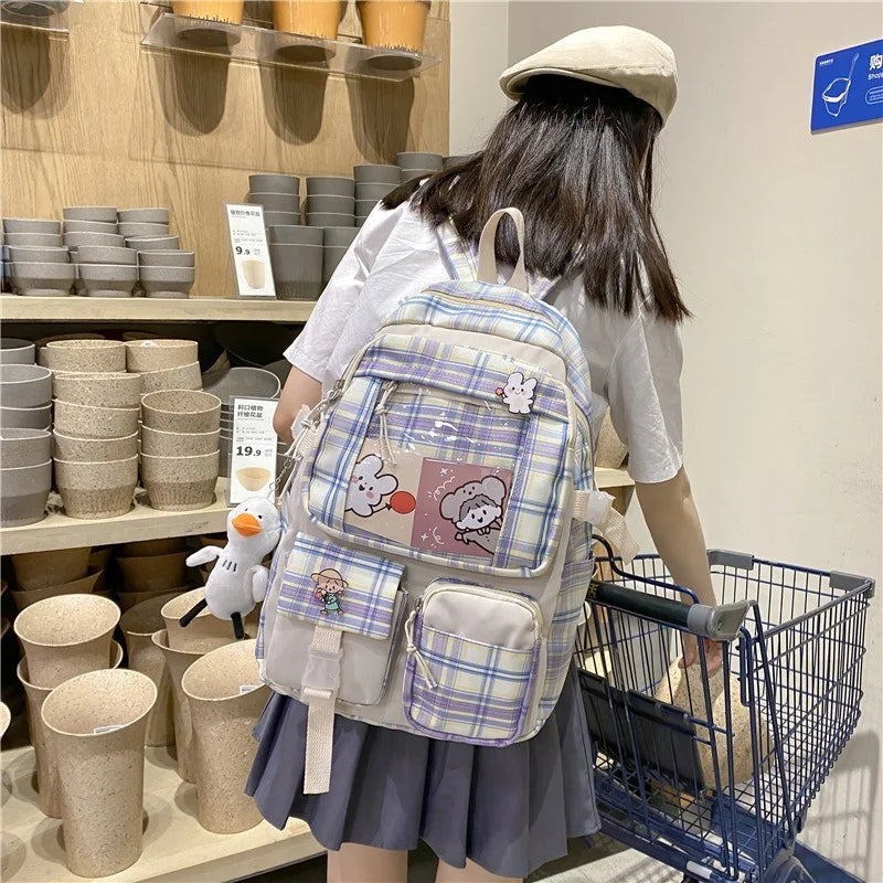 Japanese Plaid Style Nylon Backpack - Schoolgirl Campus Schoolbag