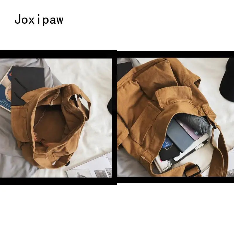 Vintage Canvas Shoulder Bag for Women Large Capacity with Pocket
