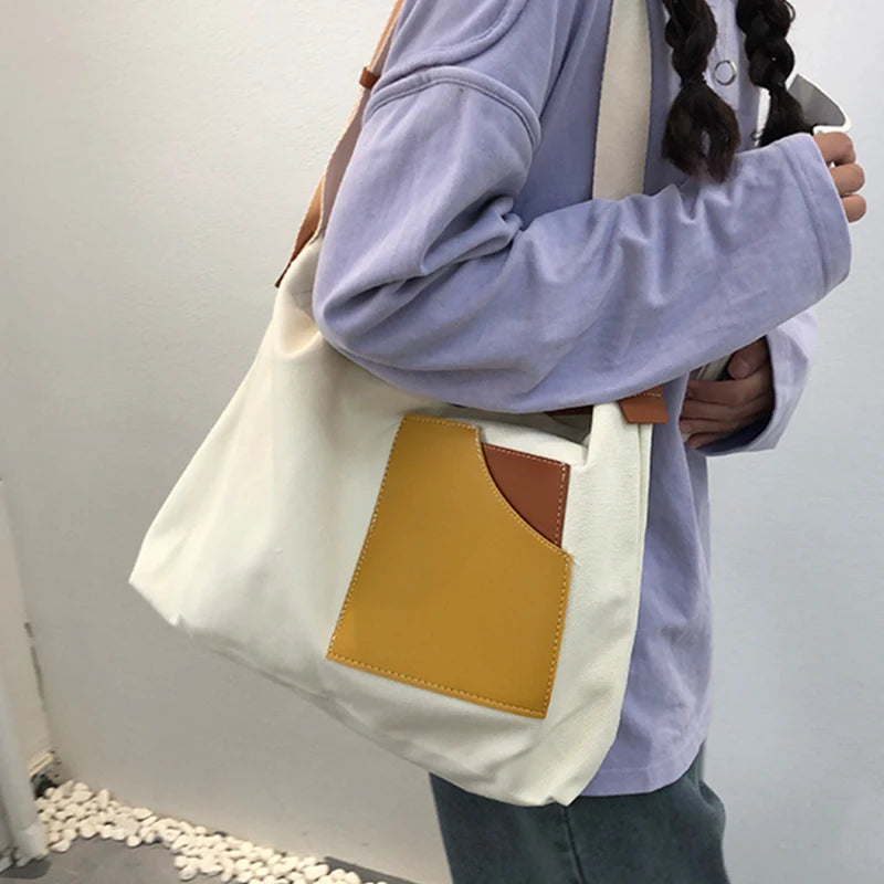 Stitching Canvas Bag Ladies One-shoulder Tote Bag
