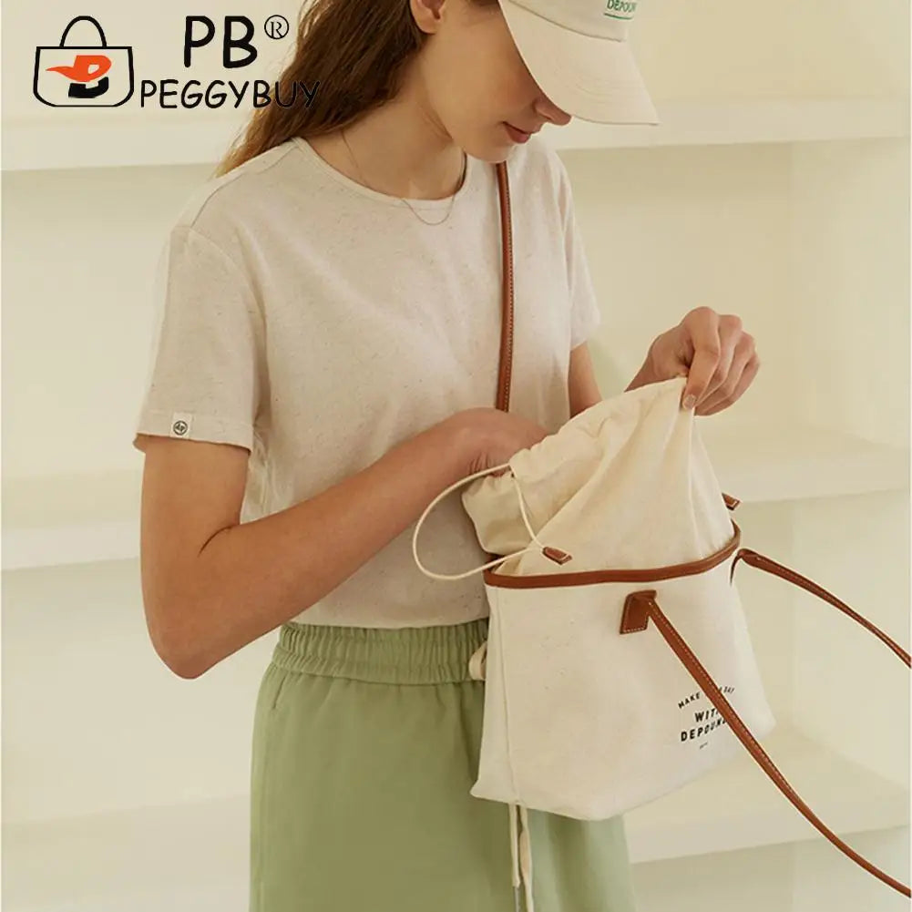 Canvas Tote Drawstring Letters Shoulder Bag Casual Travel Handbags
