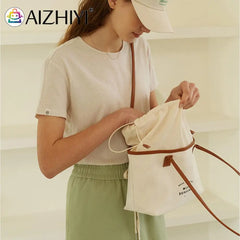 Women Drawstring Canvas Tote Letters Shoulder Bag