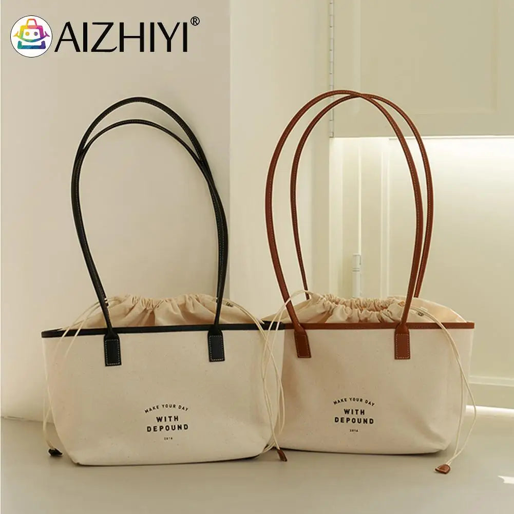 Women Drawstring Canvas Tote Letters Shoulder Bag