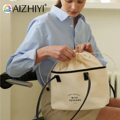 Women Drawstring Canvas Tote Letters Shoulder Bag