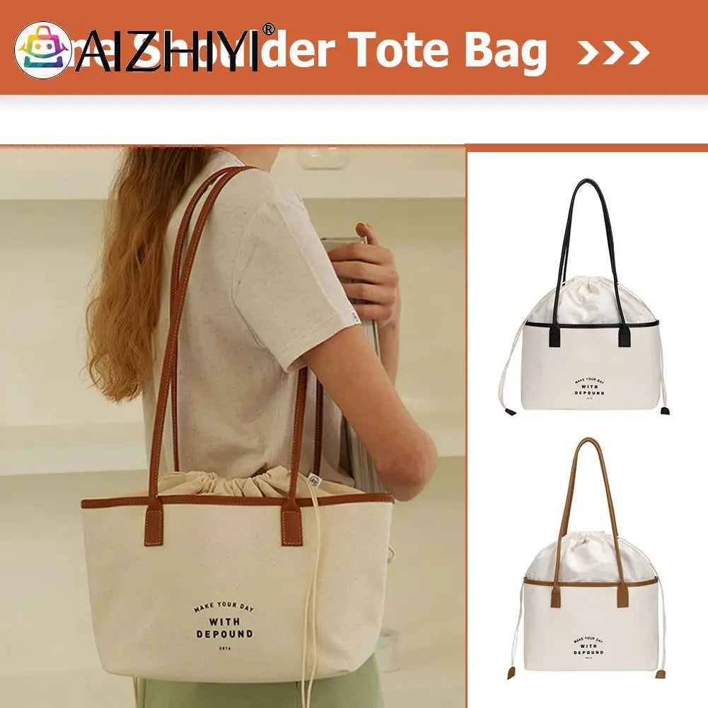 Women Drawstring Canvas Tote Letters Shoulder Bag