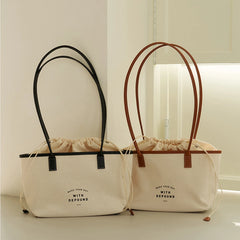 Canvas Tote Bag Drawstring Letters Travel Shoulder Shopping Purse Handbags