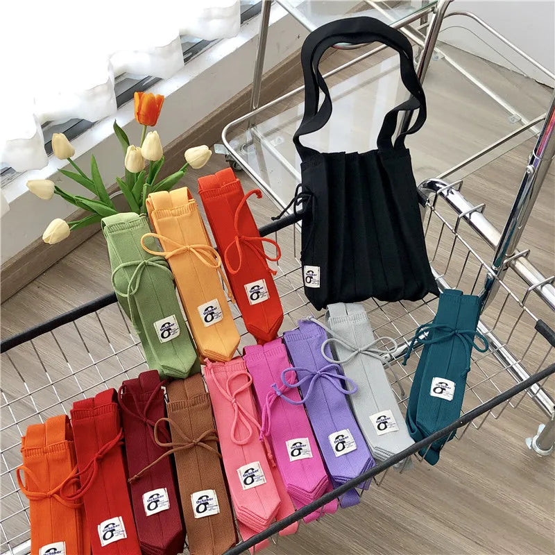 Rainbow Knitted Shoulder Bag Foldable Summer Tote
