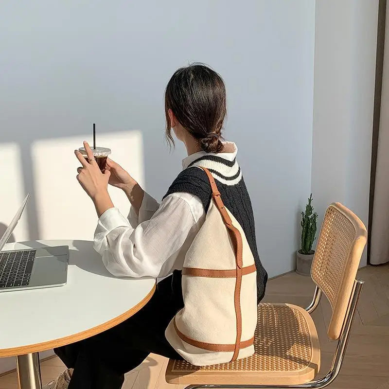 Canvas Shoulder Bag Solid High-capacity Bucket Bags