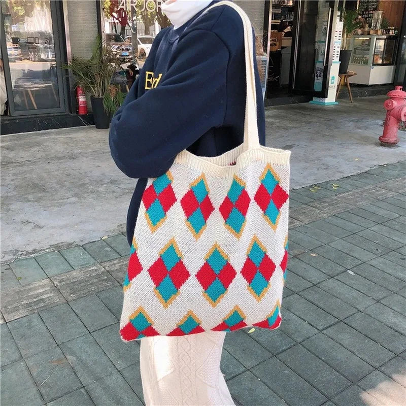Student Knitting Totes Wool Shoulder Bag Casual Handbag