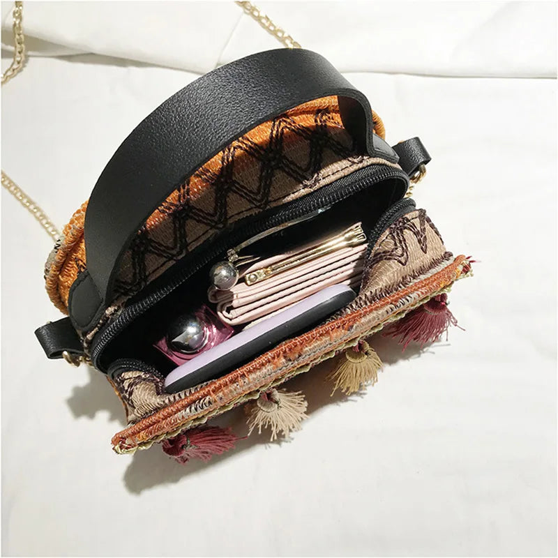 Bohemia Fringe Round Satchel Bag Chain Shoulder Handbag