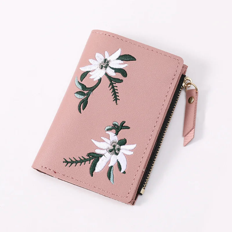 Embroidery Flower Zipper Short Purse Thin Style Multi-card
