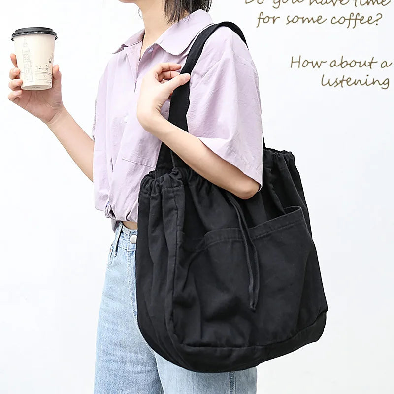 Vintage Canvas Tote Bag Drawstring Shoulder Handbag
