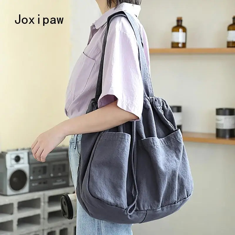 Vintage Canvas Tote Bag Drawstring Shoulder Handbag