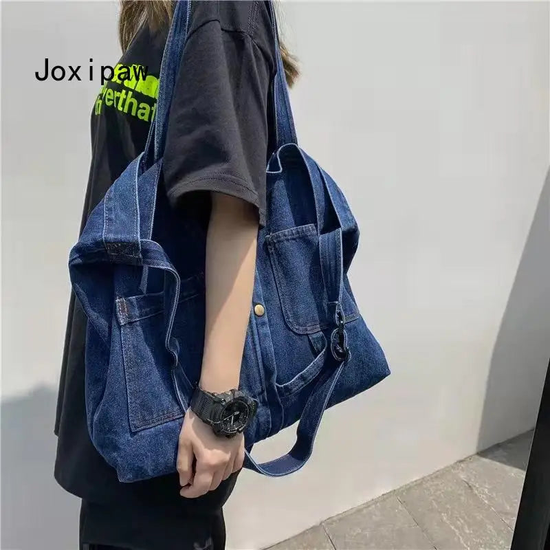 Women's Denim Canvas Shoulder Bag Large Capacity Casual Tote Handbag