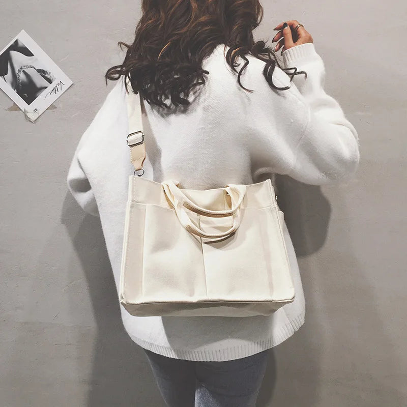 Large Canvas Shoulder Bag Multi-pocket Hand-held Messenger Bag