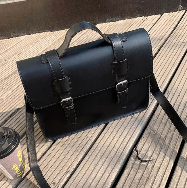 Preppy Student School Bag PU Leather Female Messenger Bags Vintage