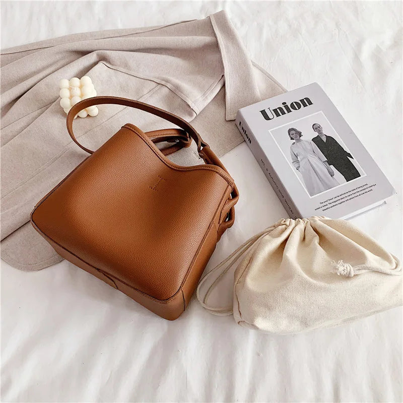 Women Bucket Bag Casual PU Leather Shoulder Bag Solid Totes Bolsa