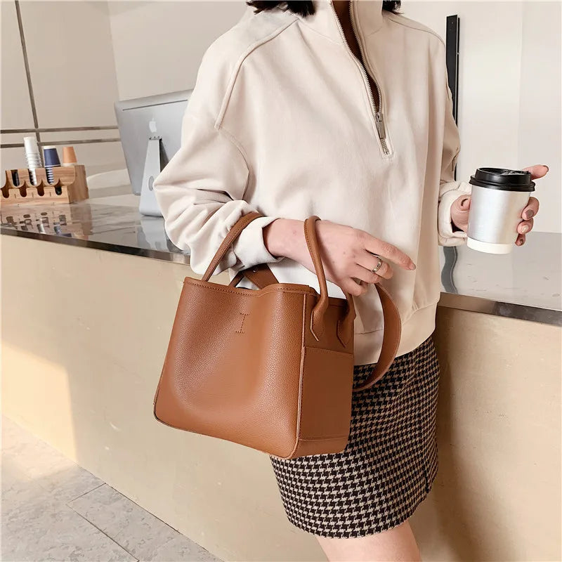 Women Bucket Bag Casual PU Leather Shoulder Bag Solid Totes Bolsa