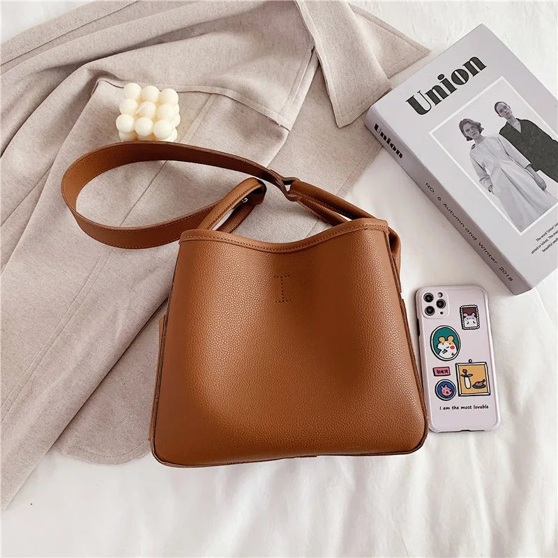Women Bucket Bag Casual PU Leather Shoulder Bag Solid Totes Bolsa