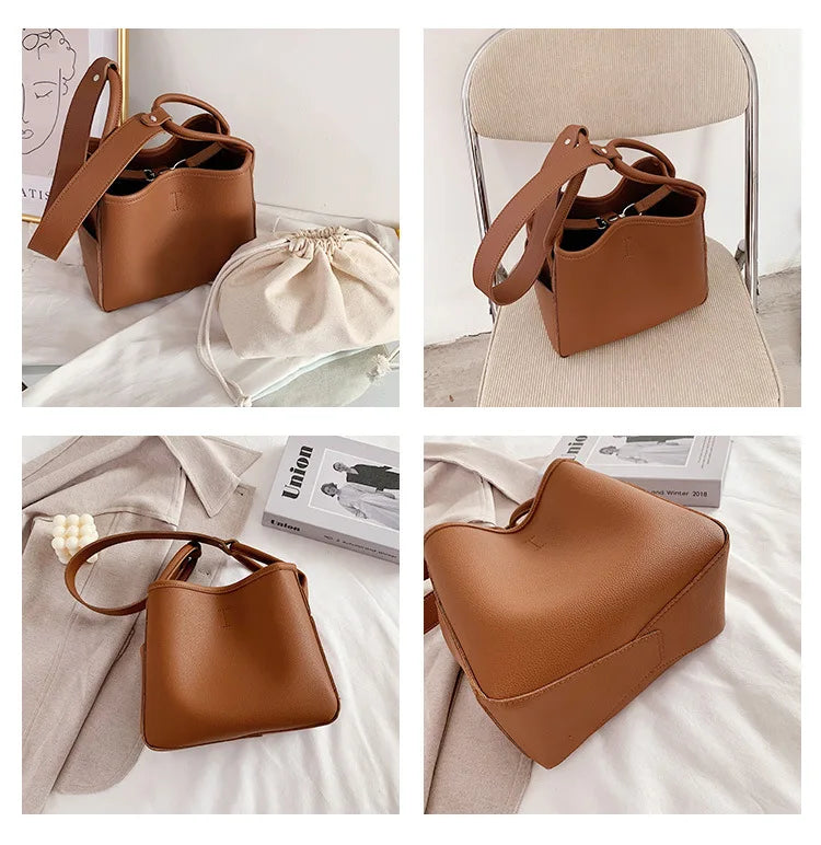 Women Bucket Bag Casual PU Leather Shoulder Bag Solid Totes Bolsa