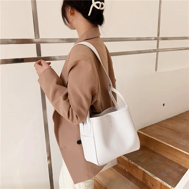 Women Bucket Bag Casual PU Leather Shoulder Bag Solid Totes Bolsa